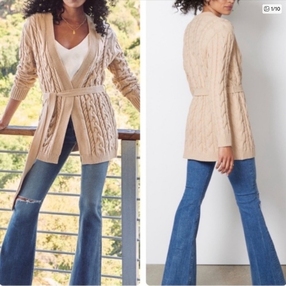 Evereve Juliette Cable Knit Tie Waist Cardigan Sweater